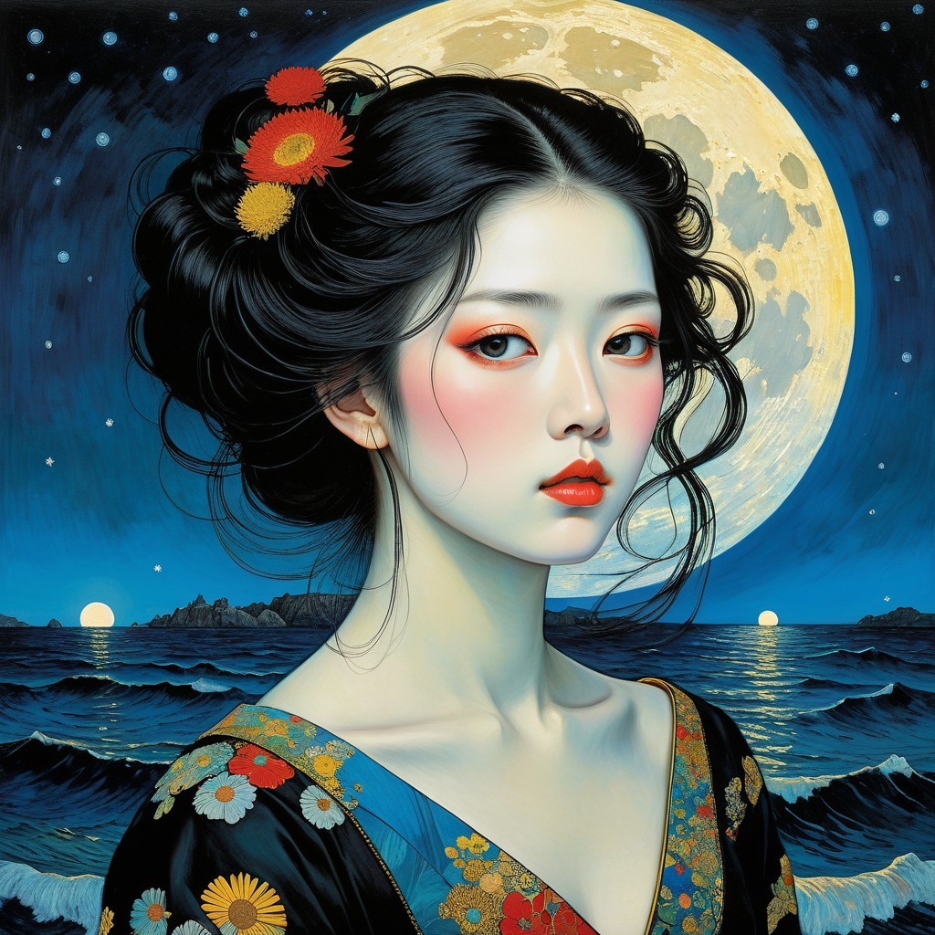Serene figure in traditional attire by the ocean at night