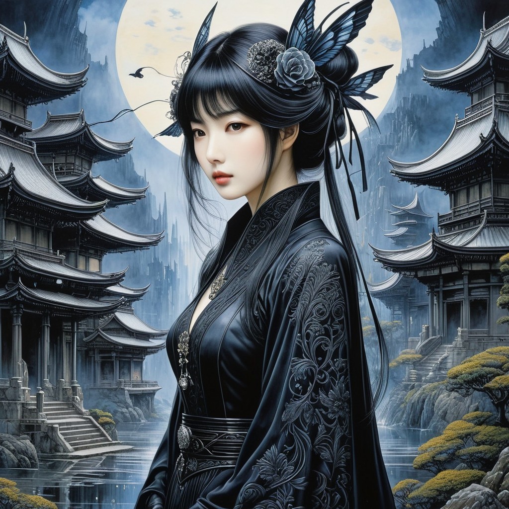 Young Woman in Elegant Gown in Mystical Landscape