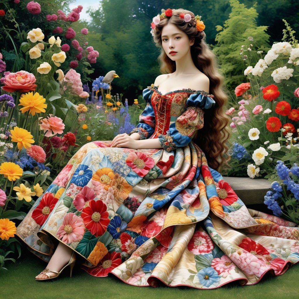 Young Woman in Floral Gown in Flower Garden Scene