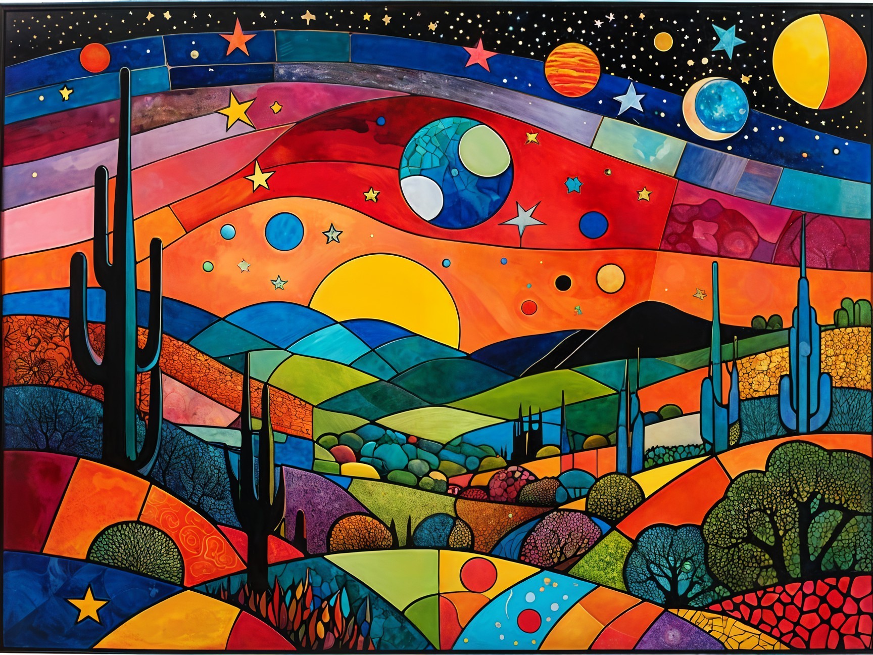 Vibrant Abstract Landscape with Colorful Sky and Cacti