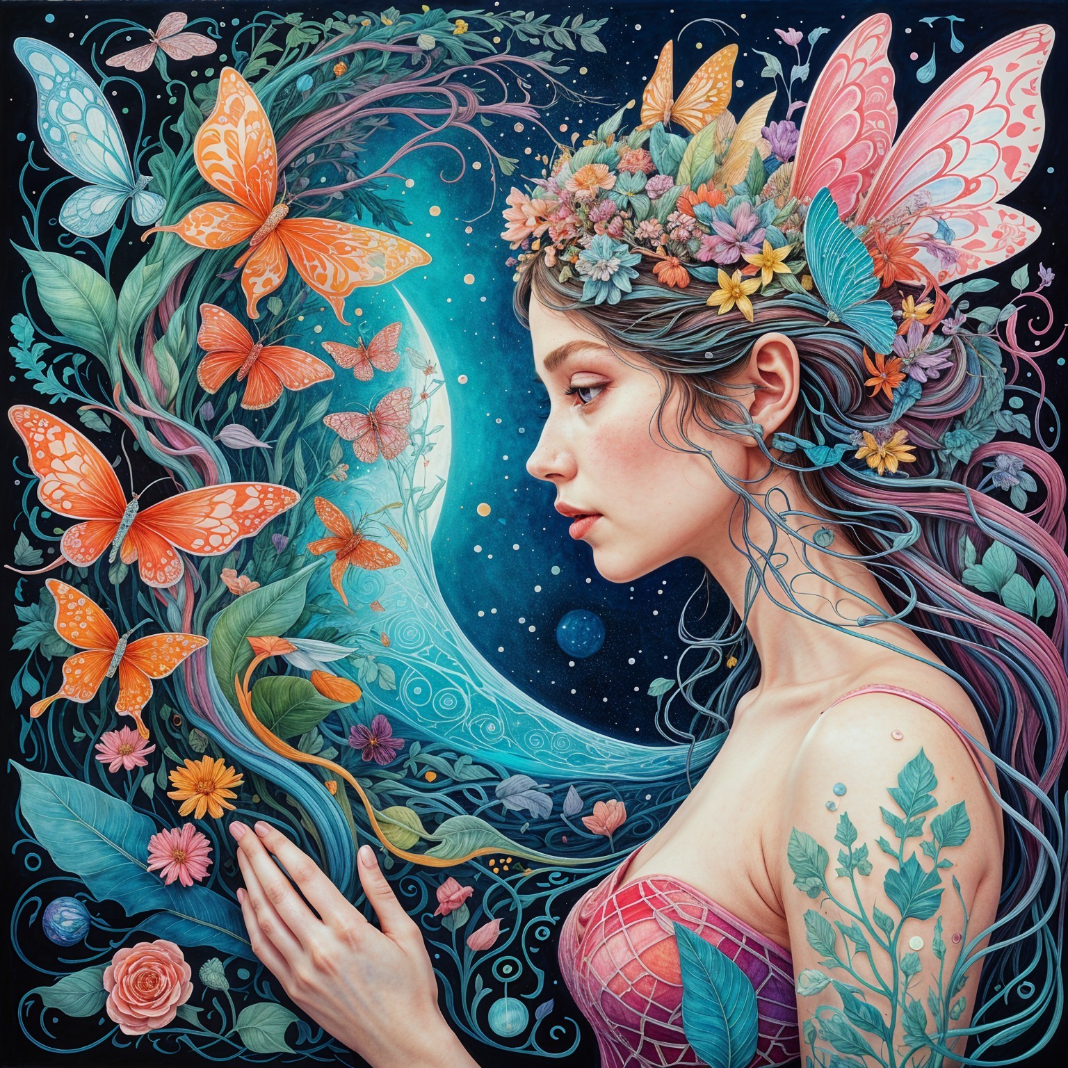 Digital painting of a fairy-like woman with butterflies