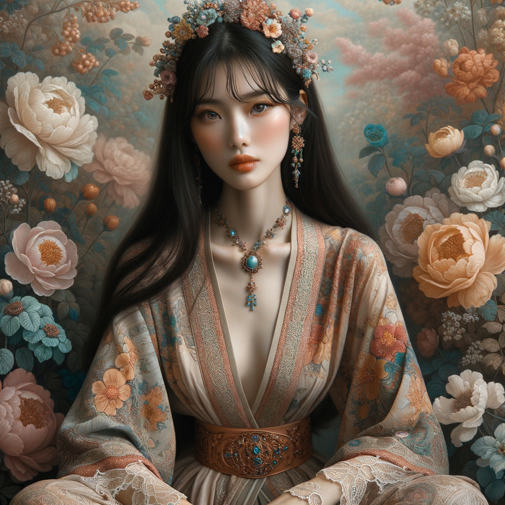 Floral Kimono Figure Surrounded by Blooming Peonies