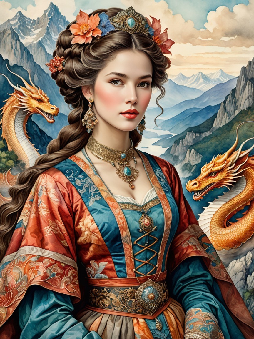 Regal Figure in Vibrant Gown Amidst Fantasy Landscape