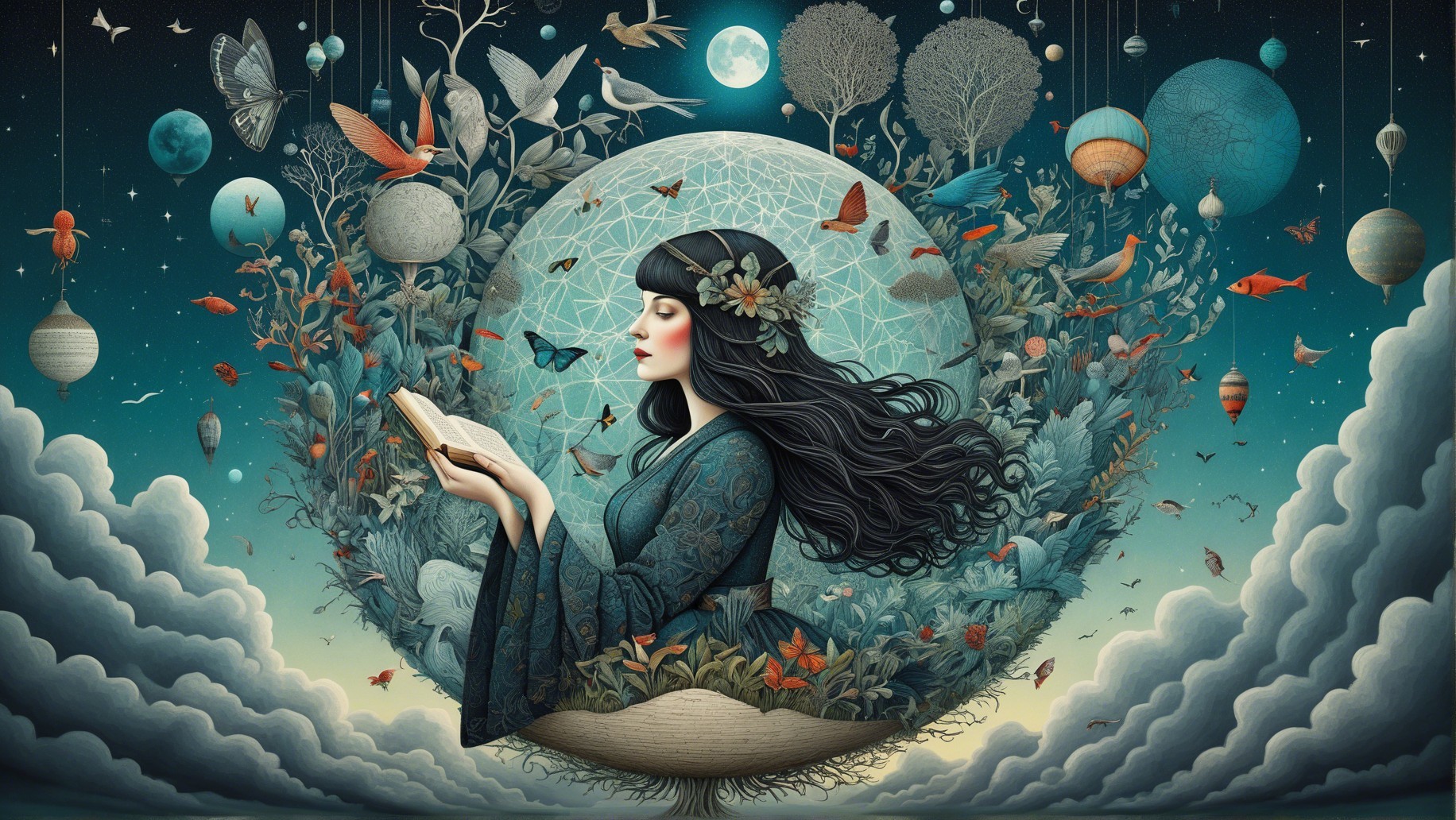 Woman with Floral Headband in Celestial Globe Scene