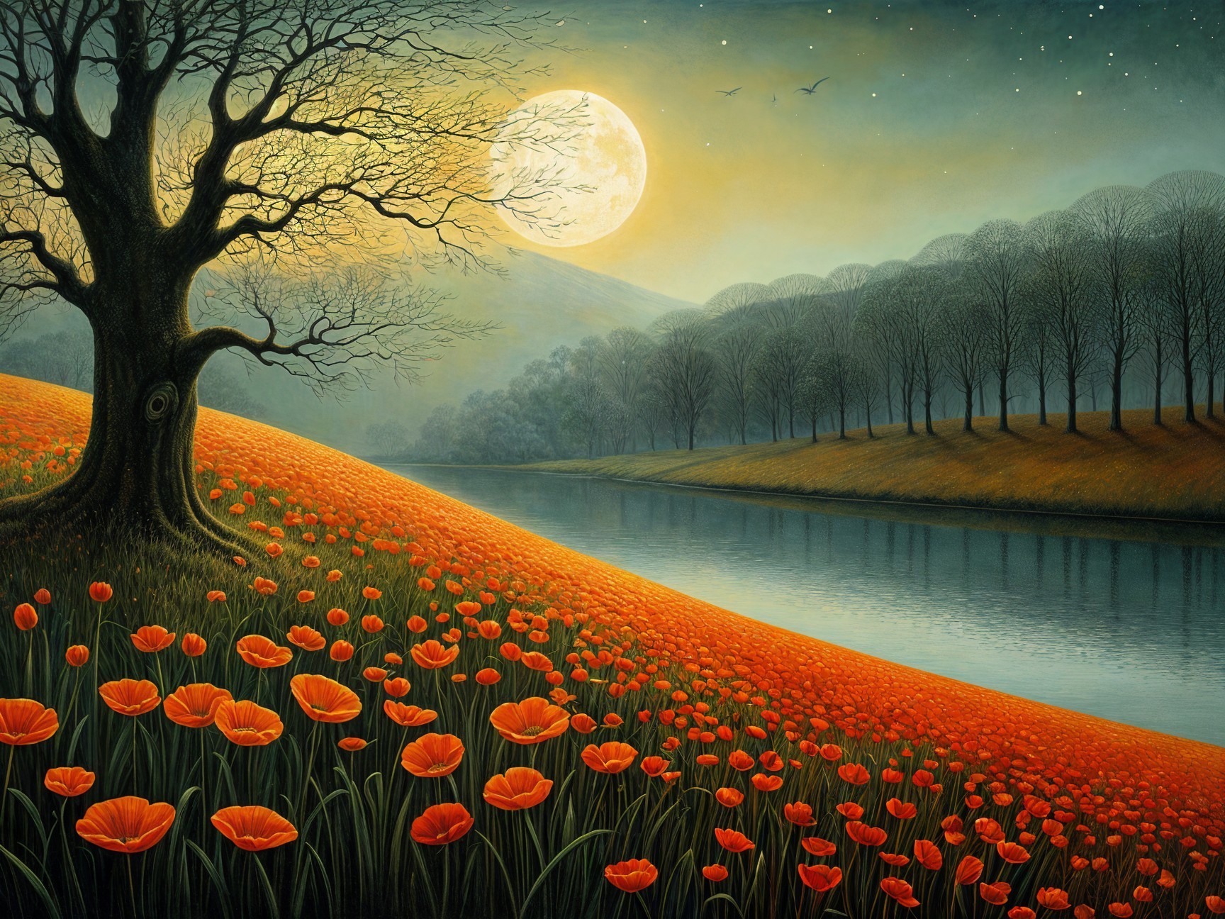 Full Moon Over Landscape with Gnarled Tree and Poppies