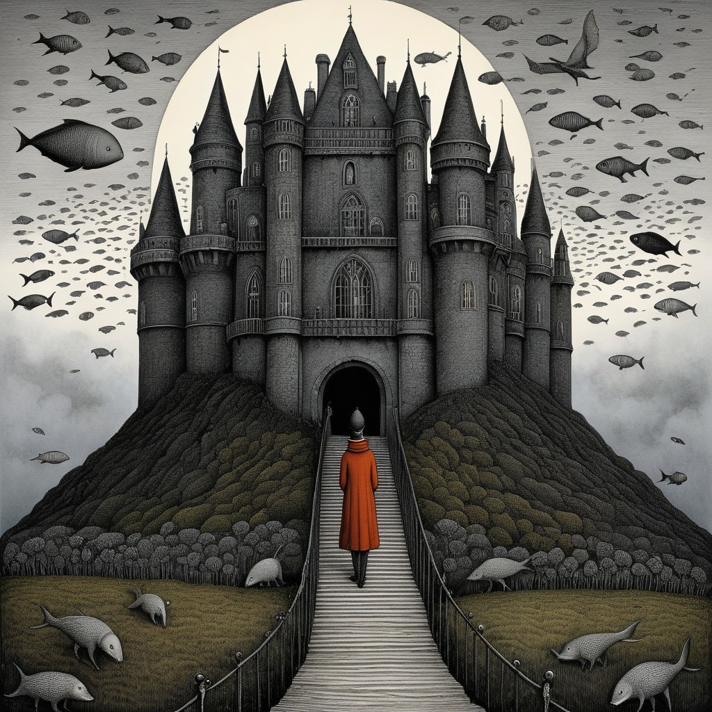 Solitary Figure in Orange Coat Near Castle and Moon
