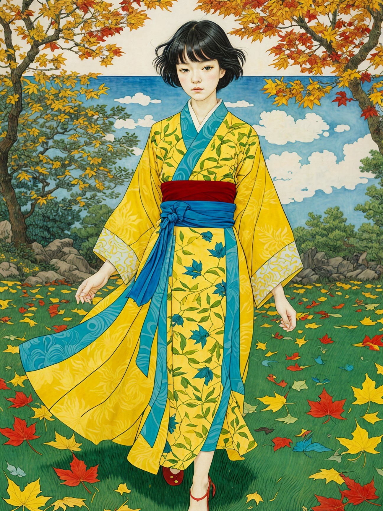 Young Woman in Yellow Kimono Amidst Autumn Leaves