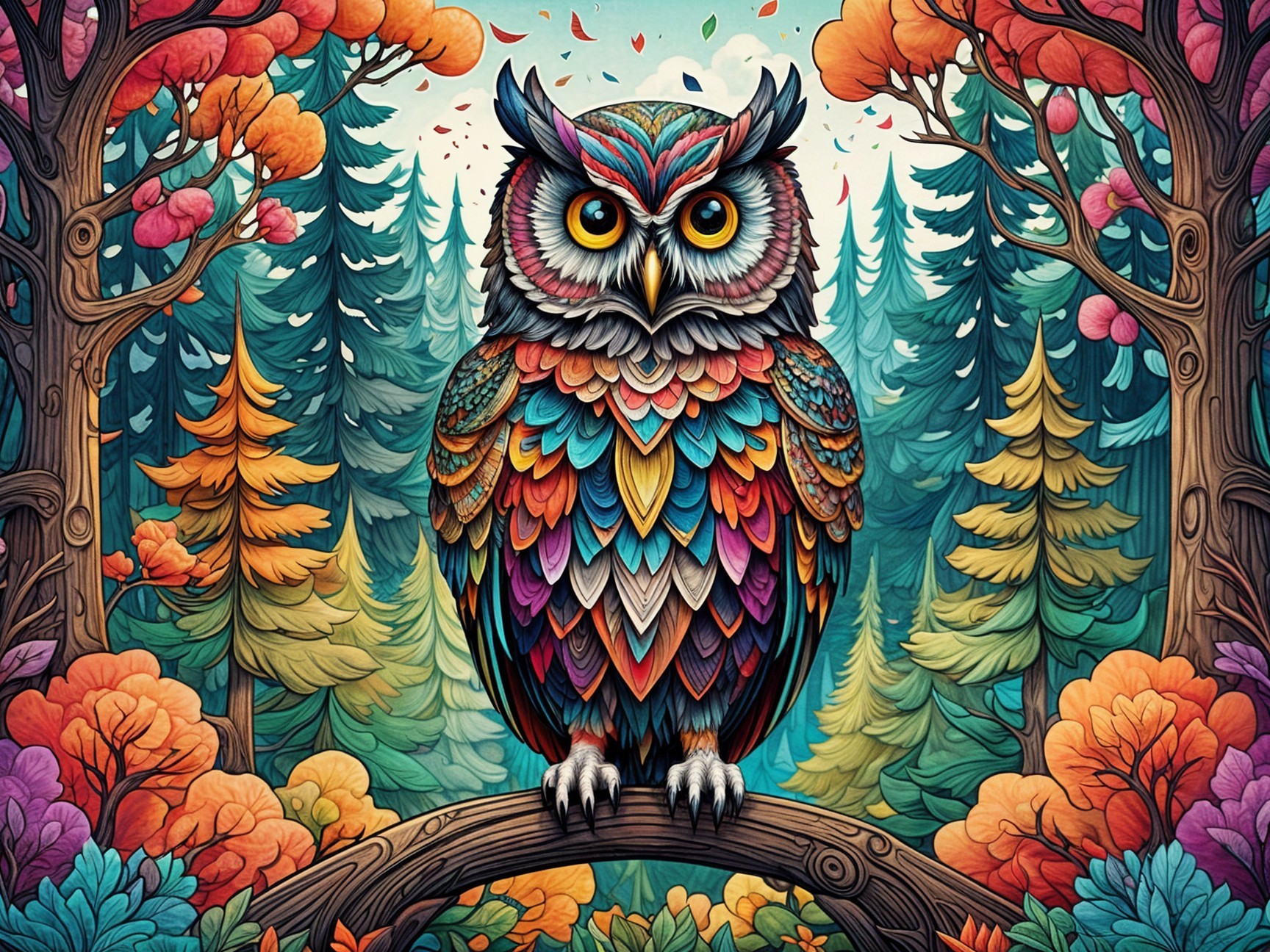 Vibrant Owl in Whimsical Forest Setting