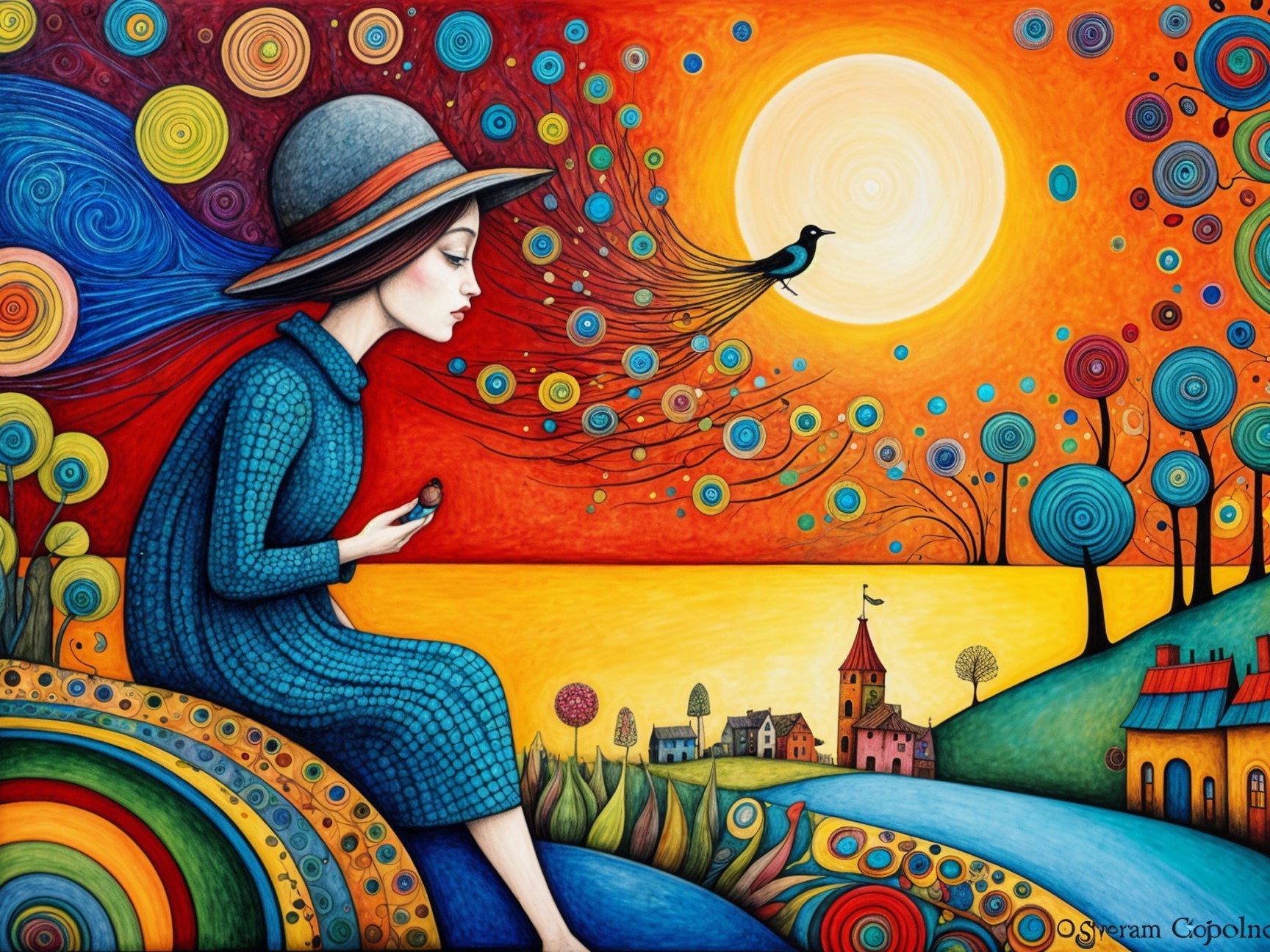 Whimsical Scene of a Girl on a Rainbow Hill