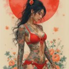 Woman in Red Bikini Surrounded by Orange Flowers