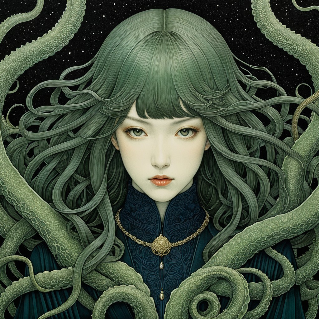 Portrait of a Woman with Green Hair and Tentacles
