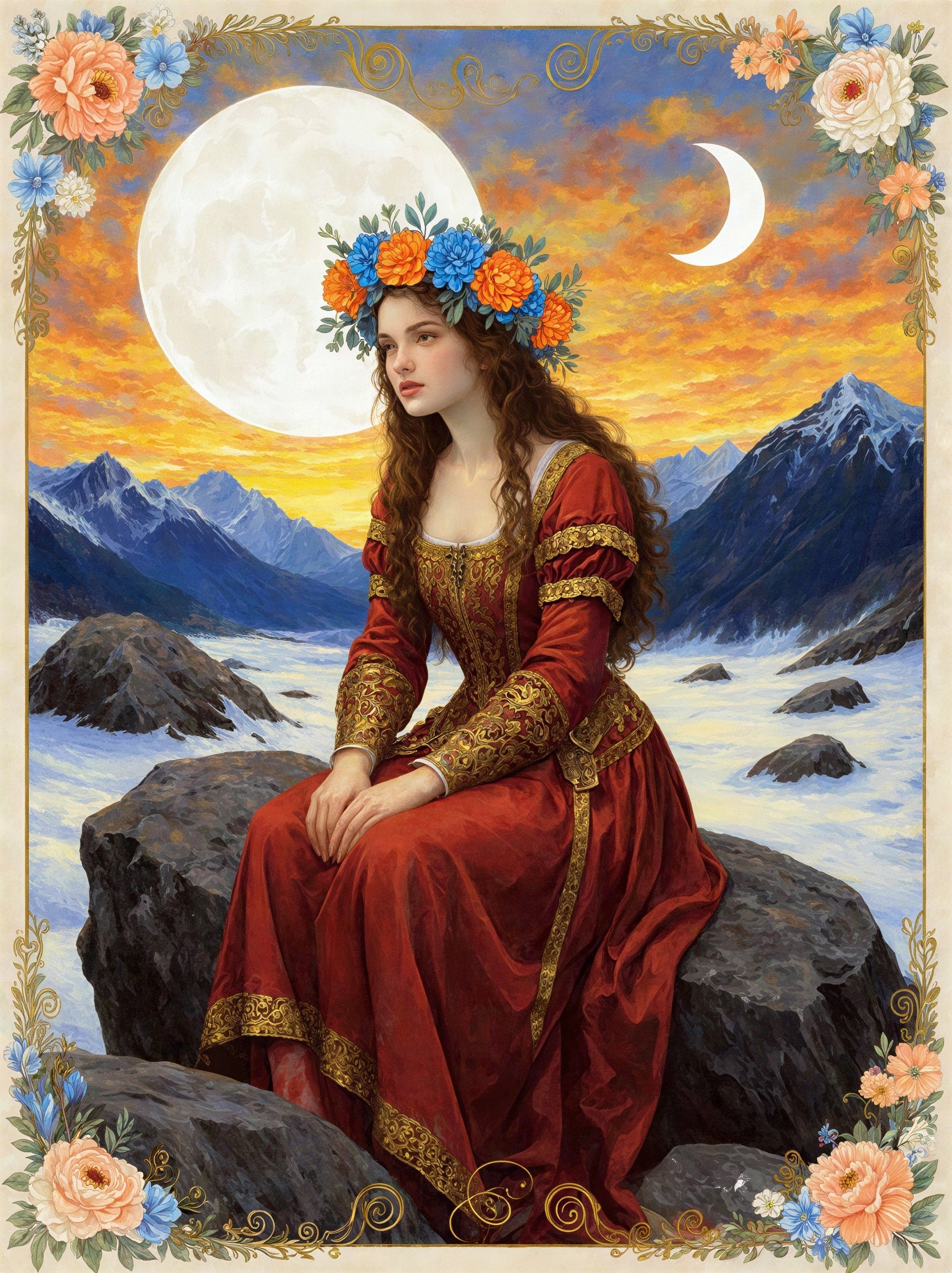 Woman in Red Medieval Dress in Snowy Landscape