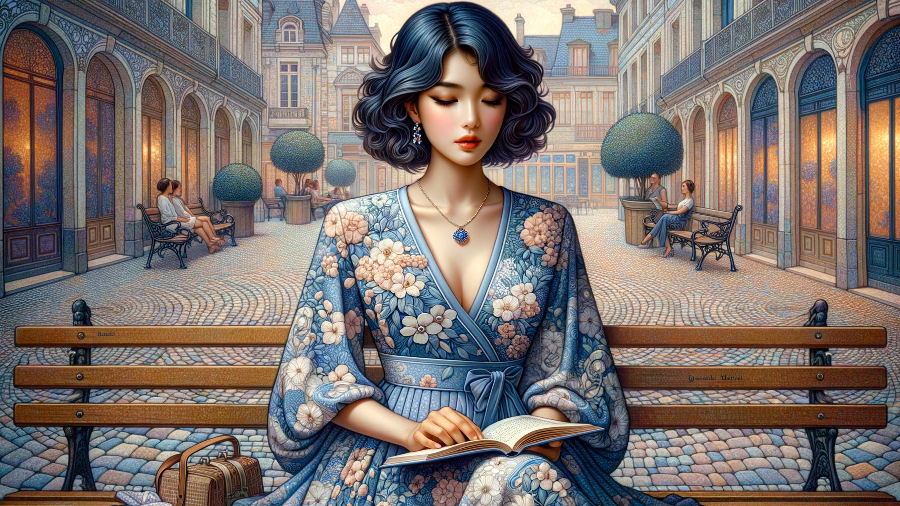 Young Woman Reading in Cobblestone Courtyard