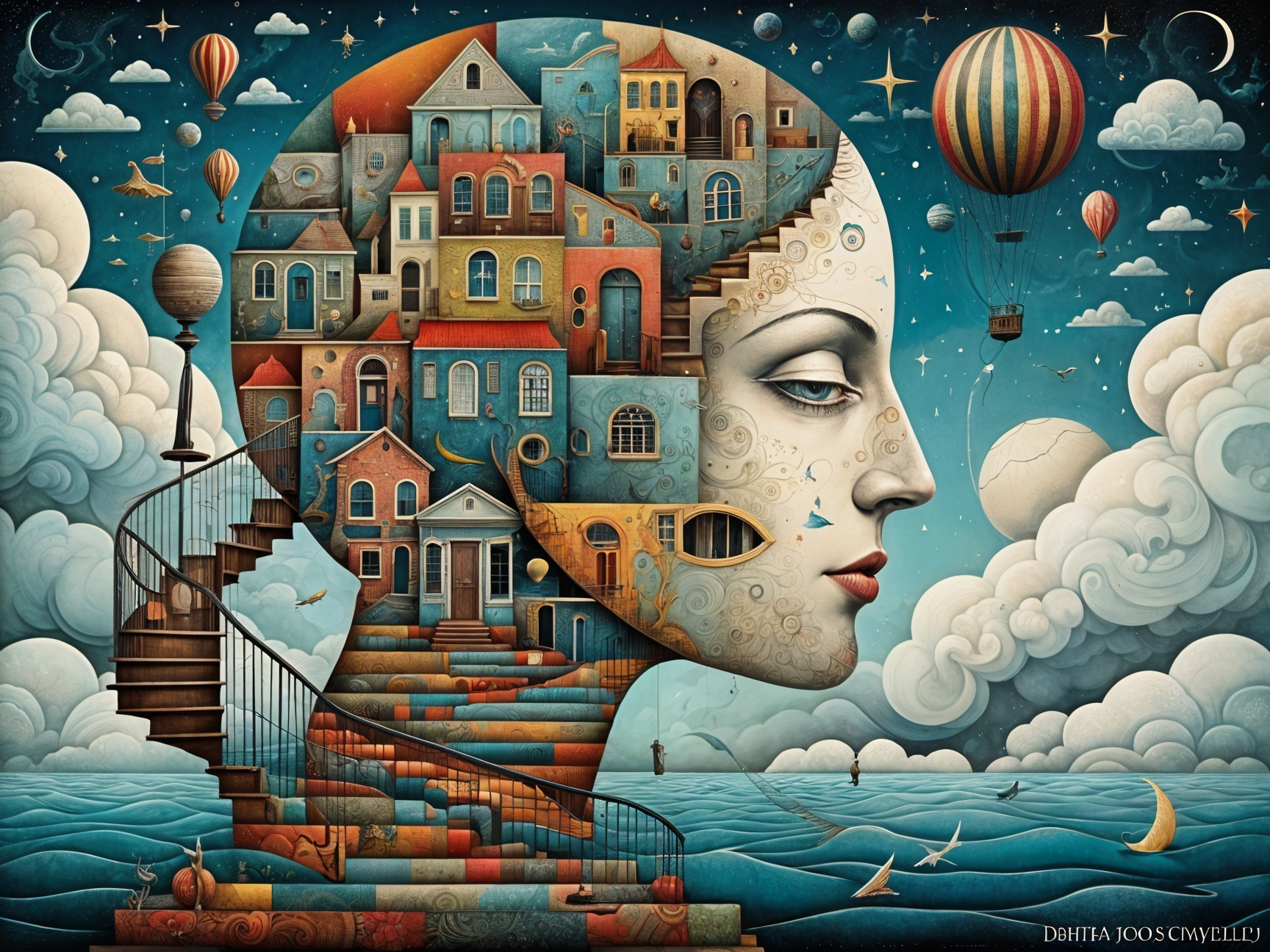 Surreal Profile with Whimsical Landscape Elements