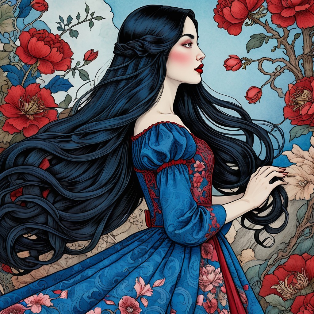Young woman in blue gown among blooming flowers