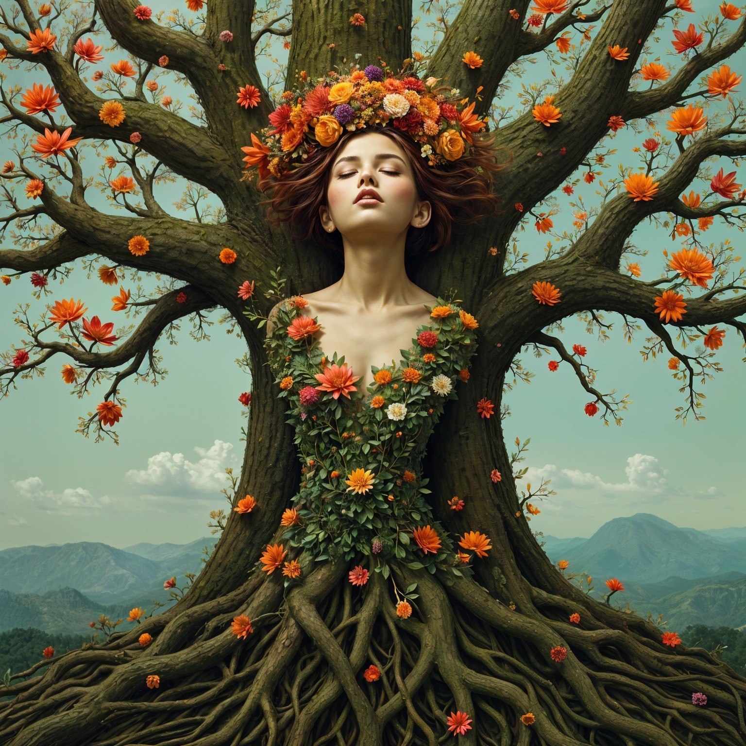 Mystical Figure Emerging from an Ancient Tree