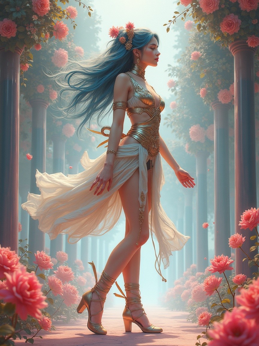 Surreal Garden with Ethereal Figure and Roses