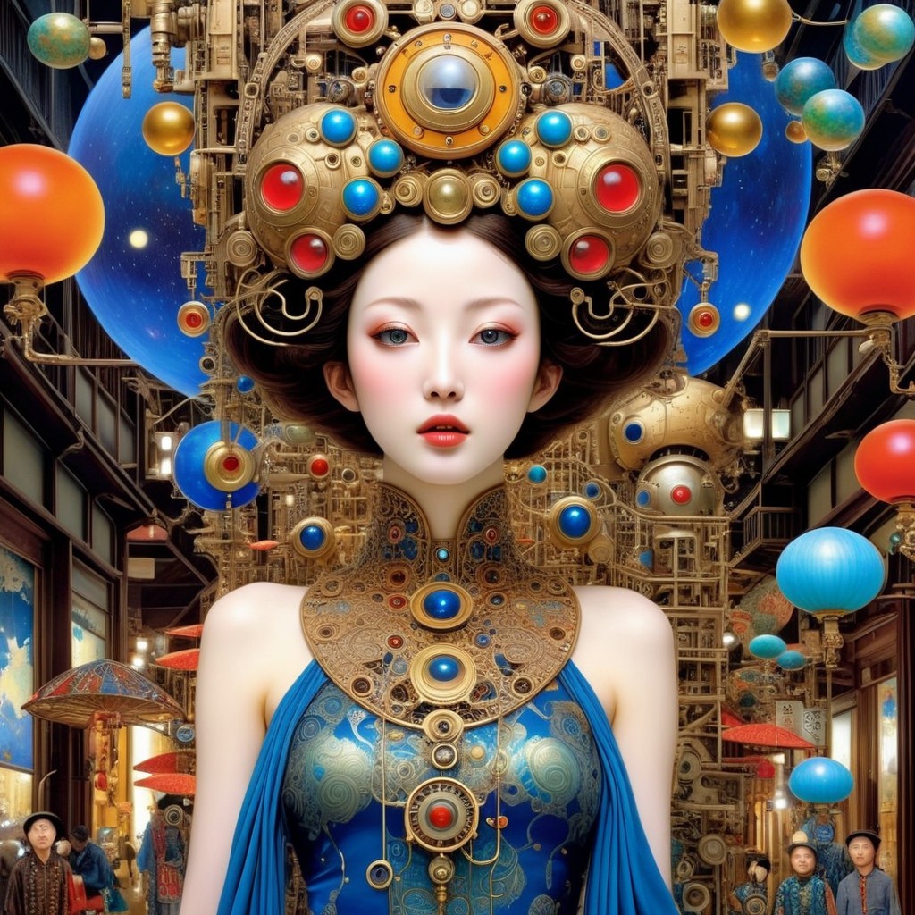 Futuristic figure in blue attire with steampunk elements
