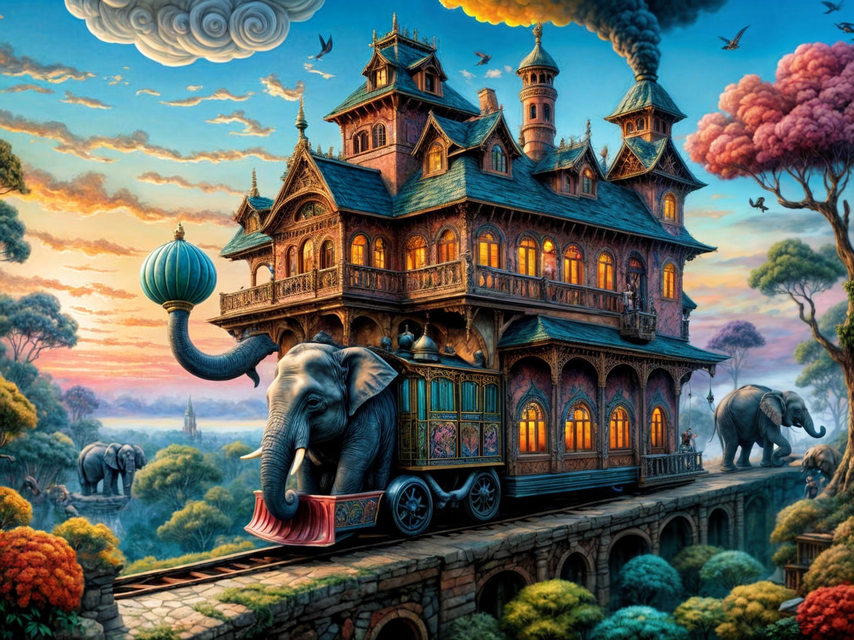 Colorful Victorian Treehouse on Train with Elephants