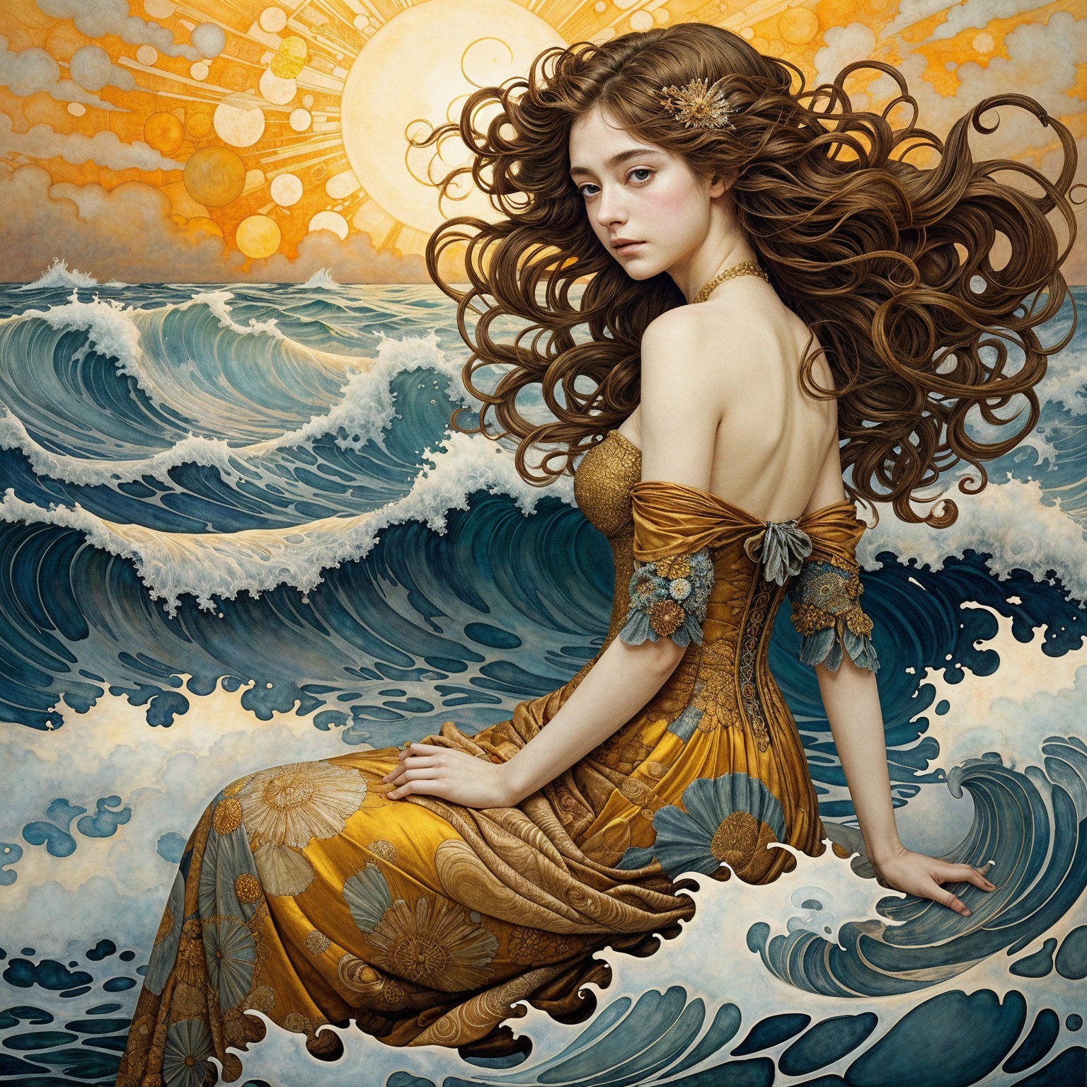 Young woman in golden gown by vibrant waves
