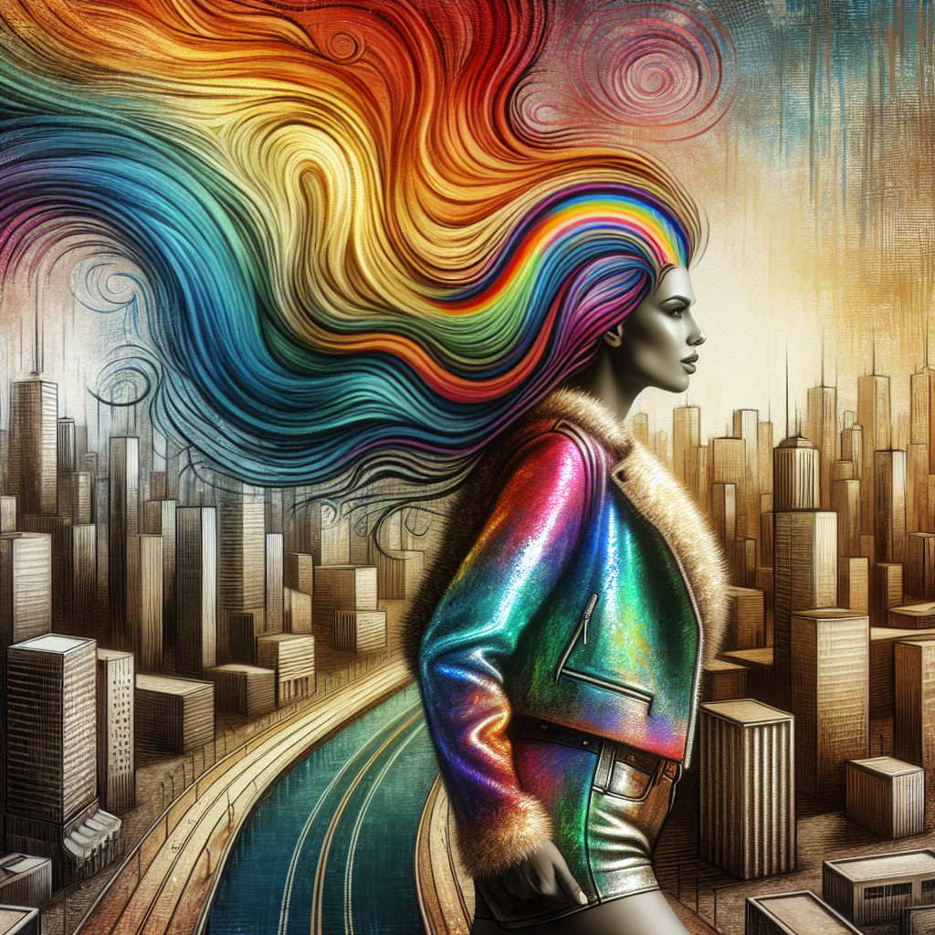 Confident Figure in Iridescent Jacket Against Cityscape