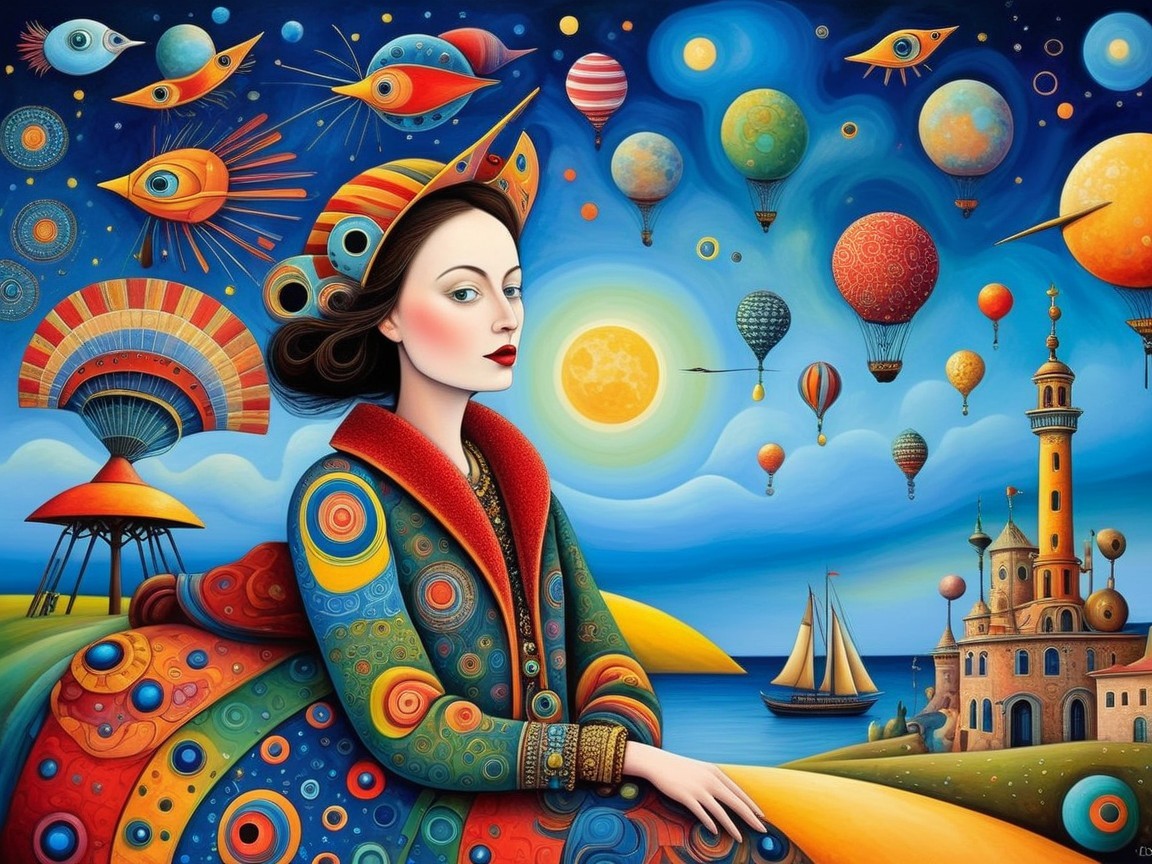 Surreal Landscape with Woman in Colorful Coat