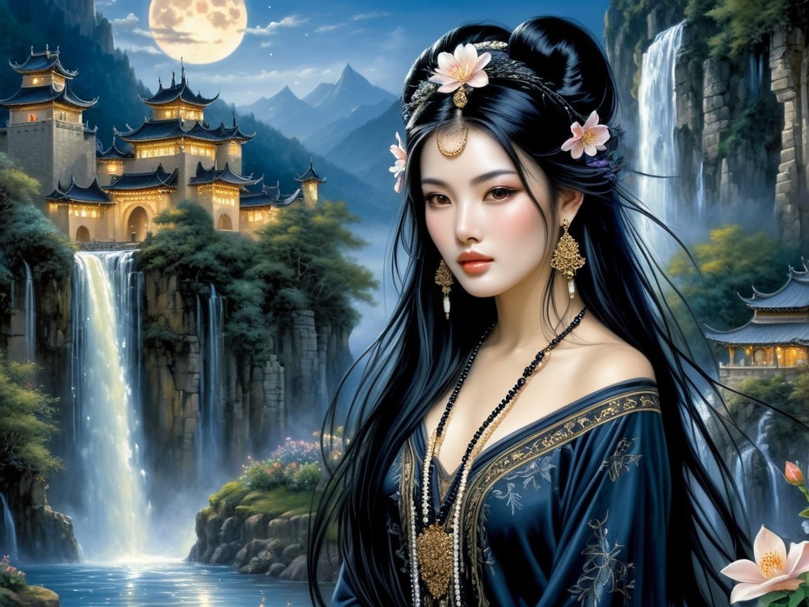 Serene Woman in Blue Gown by Waterfalls and Castle