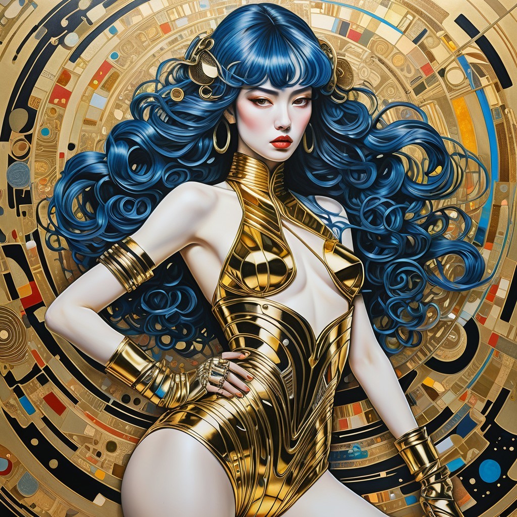 Futuristic figure in gold bodysuit with vibrant backdrop