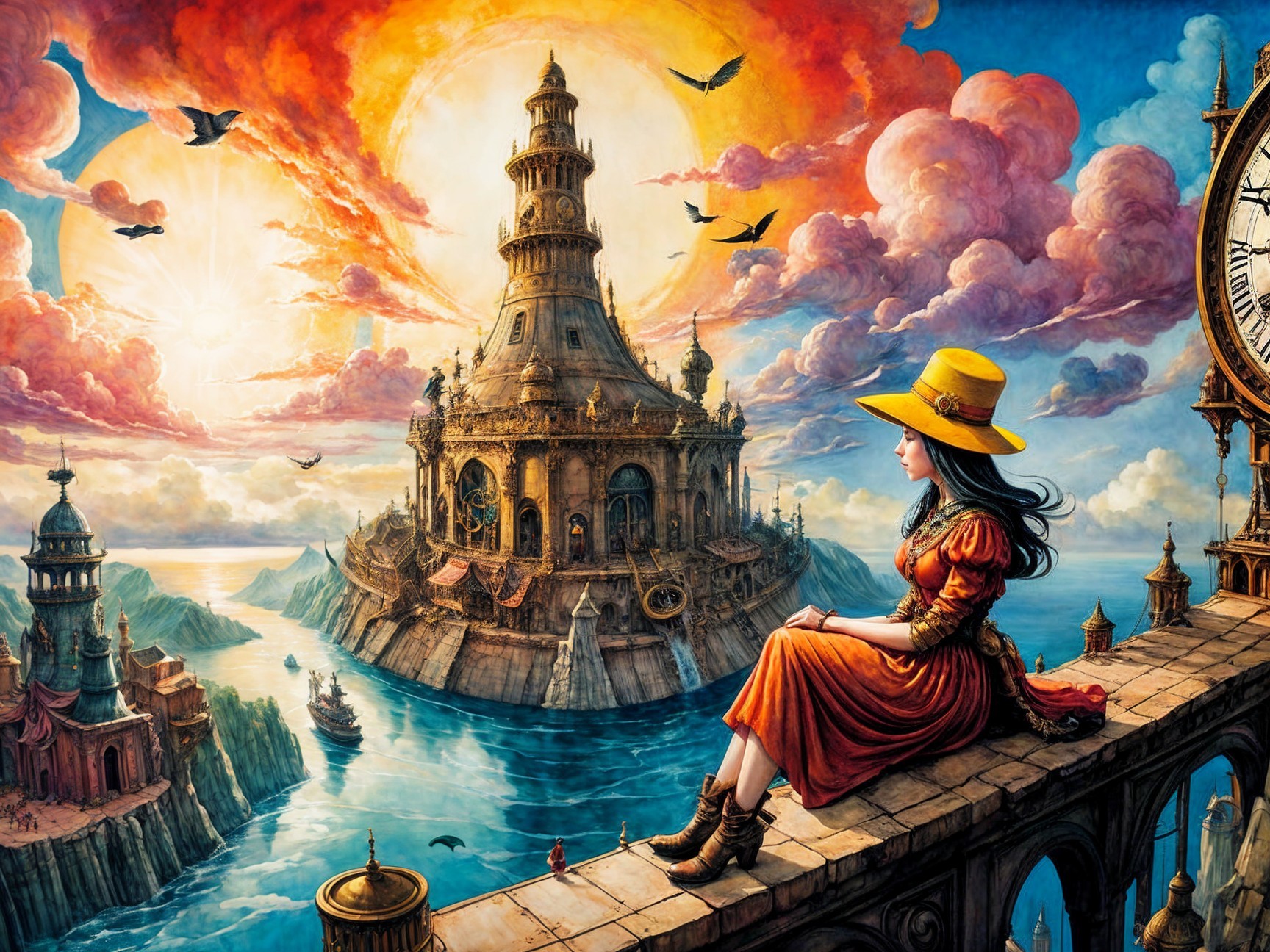 Woman in Orange Dress Overlooking Island City at Sunset