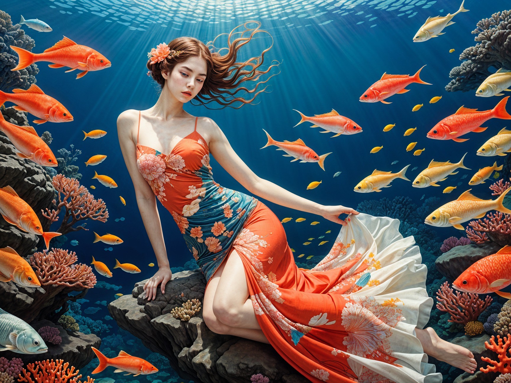 Underwater Scene with Woman in Floral Dress and Fish