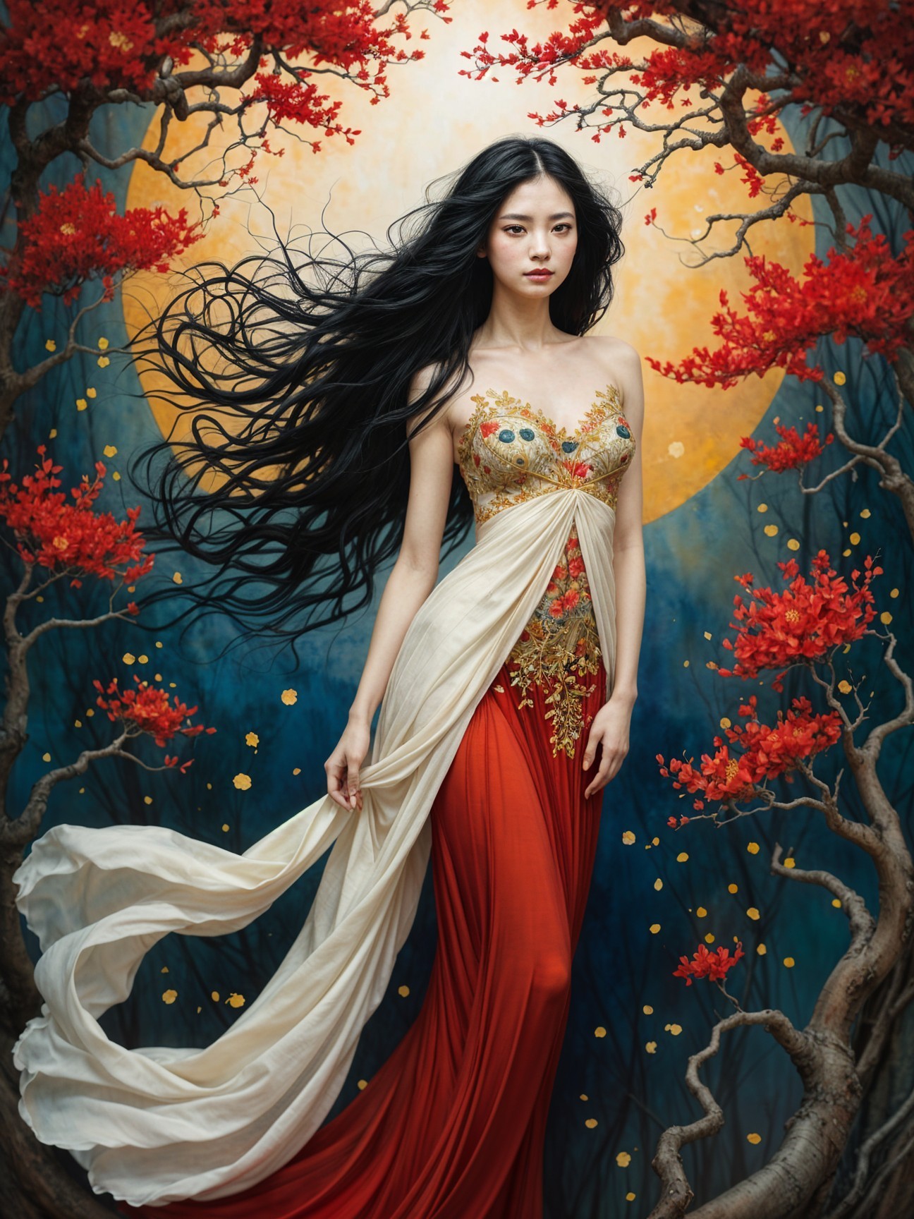 Serene figure in gown against vibrant moonlit backdrop