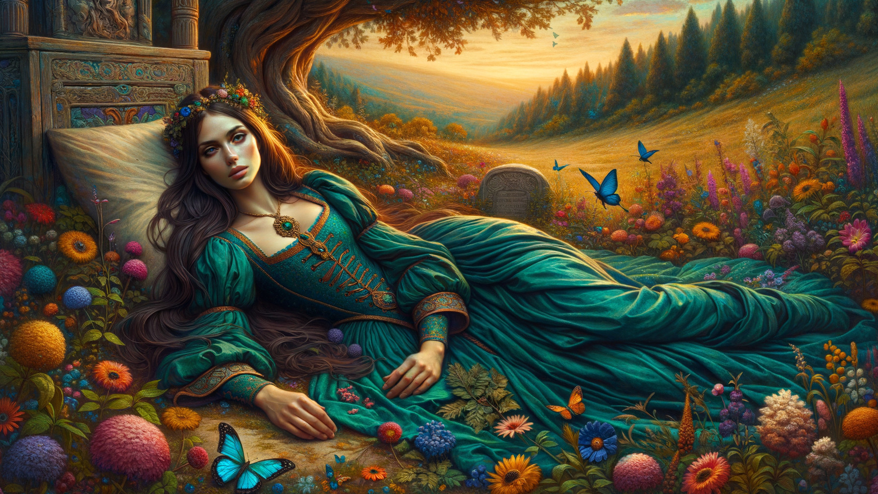 Serene Figure in Vibrant Garden at Sunset