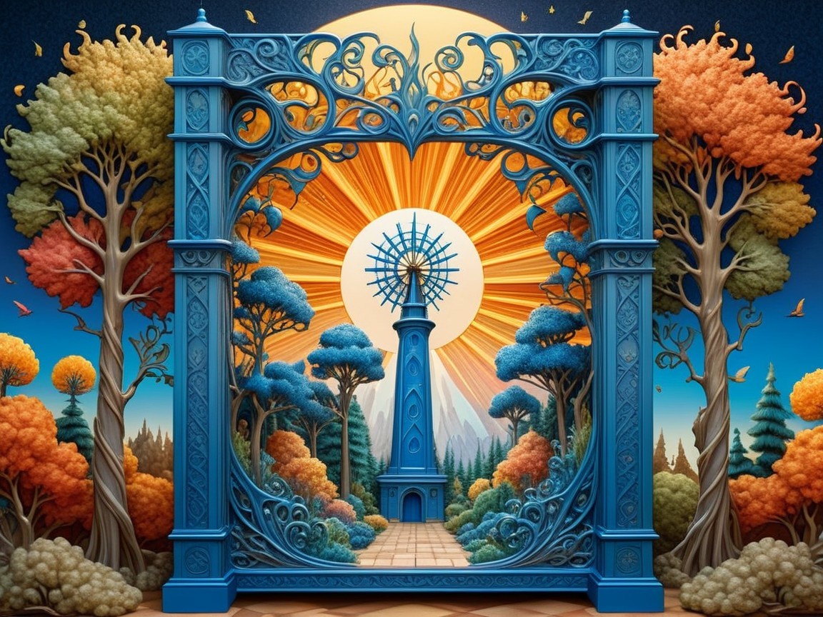 Surreal Landscape with Blue Archway and Spire