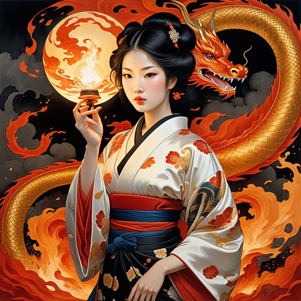 Young Woman in Kimono with Lantern and Dragon Scene