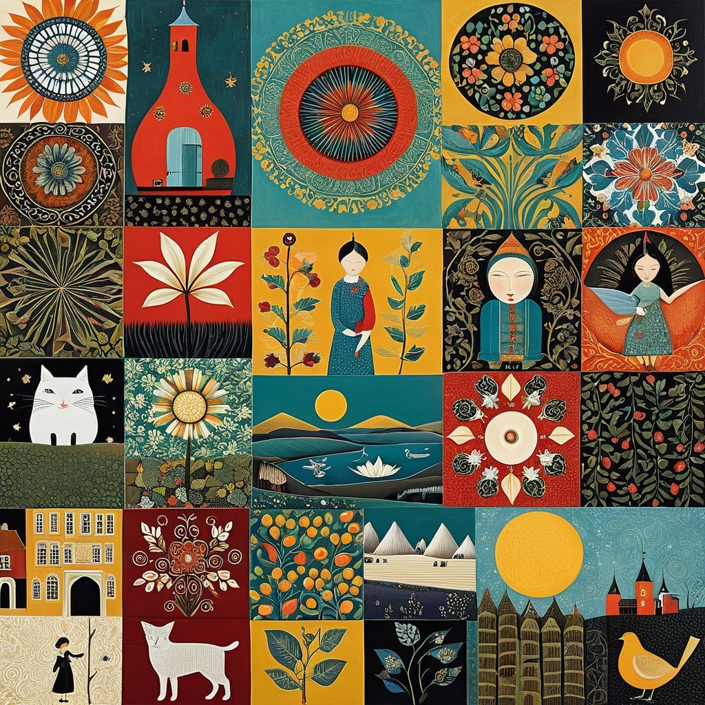 Vibrant Collage of Whimsical Illustrations and Patterns