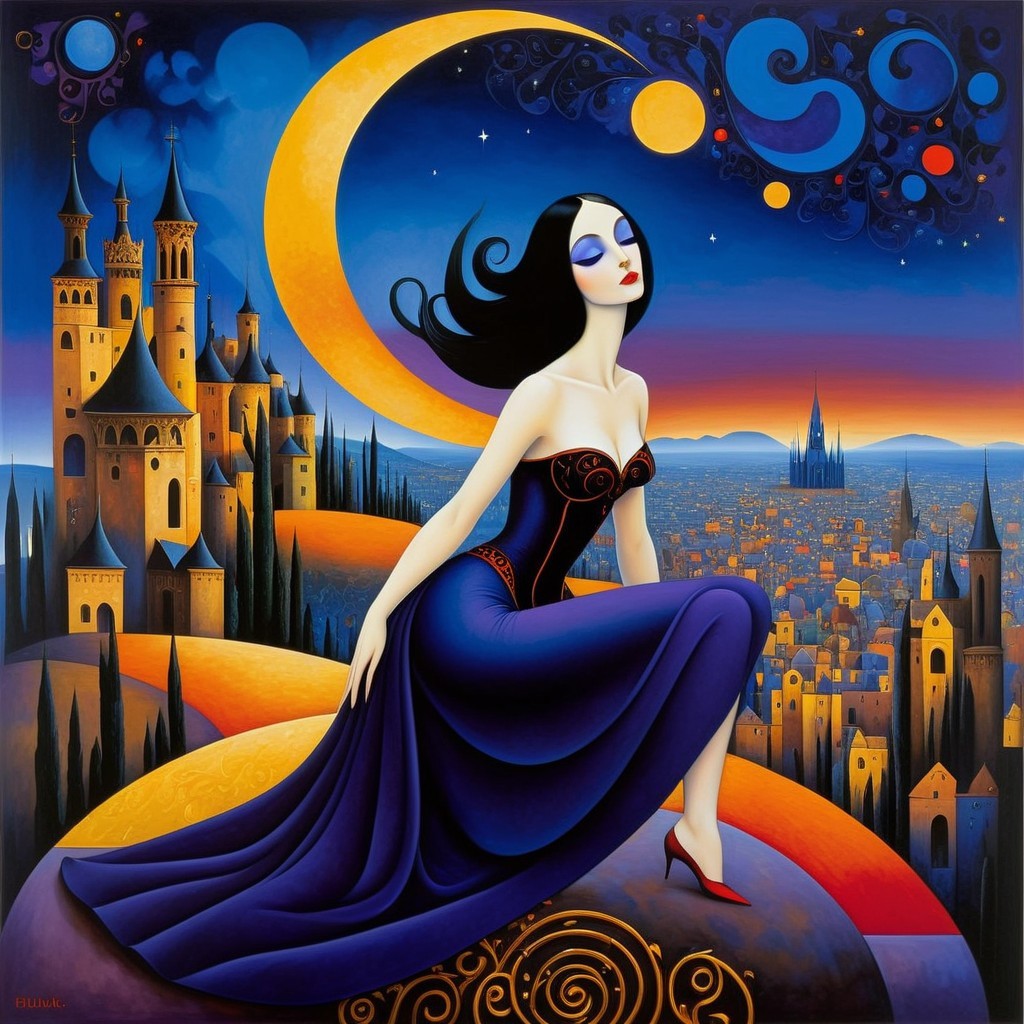 Mysterious Woman in Purple Gown Against Twilight City