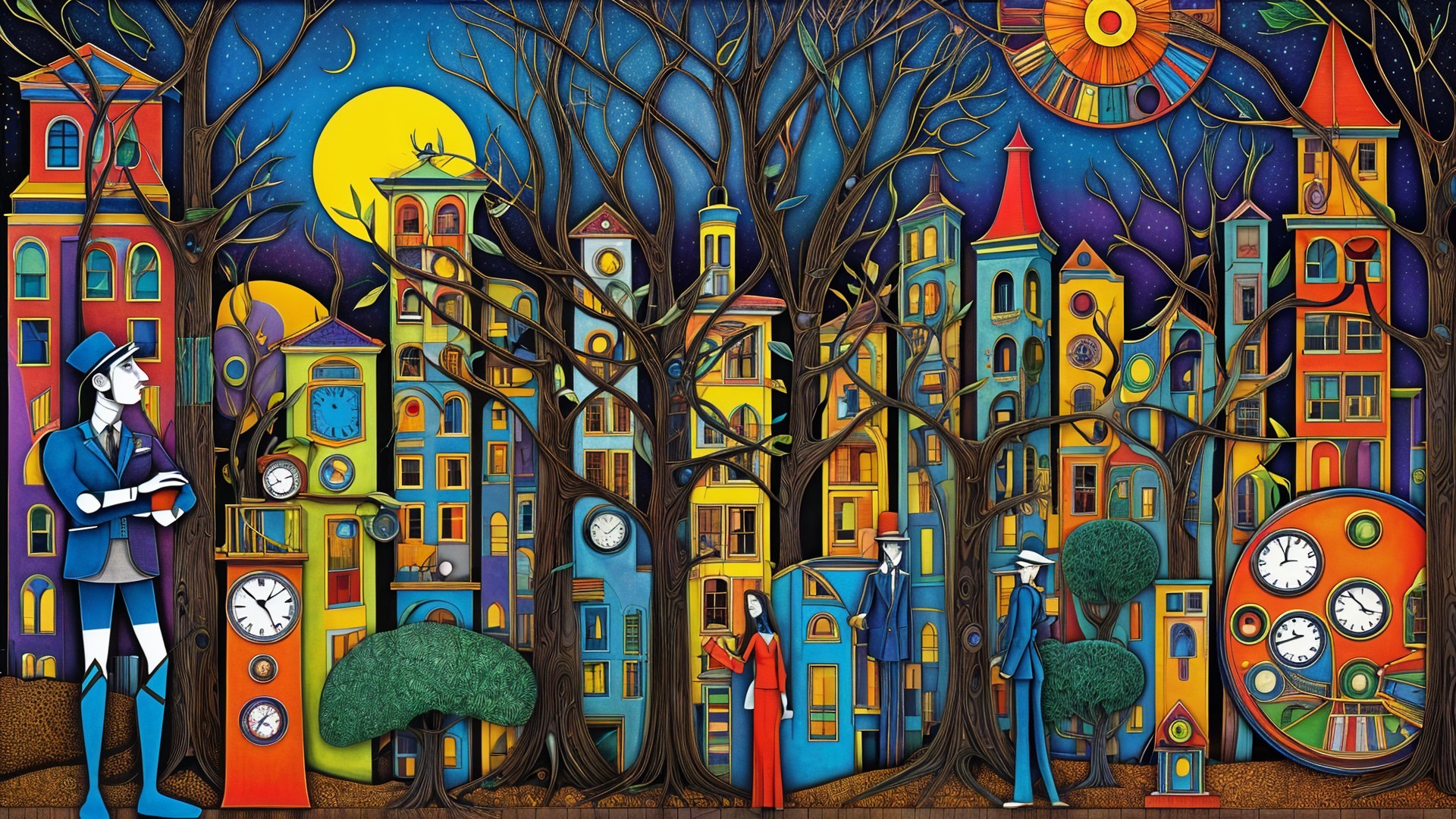 Vibrant City Scene with Colorful Architecture and Moon