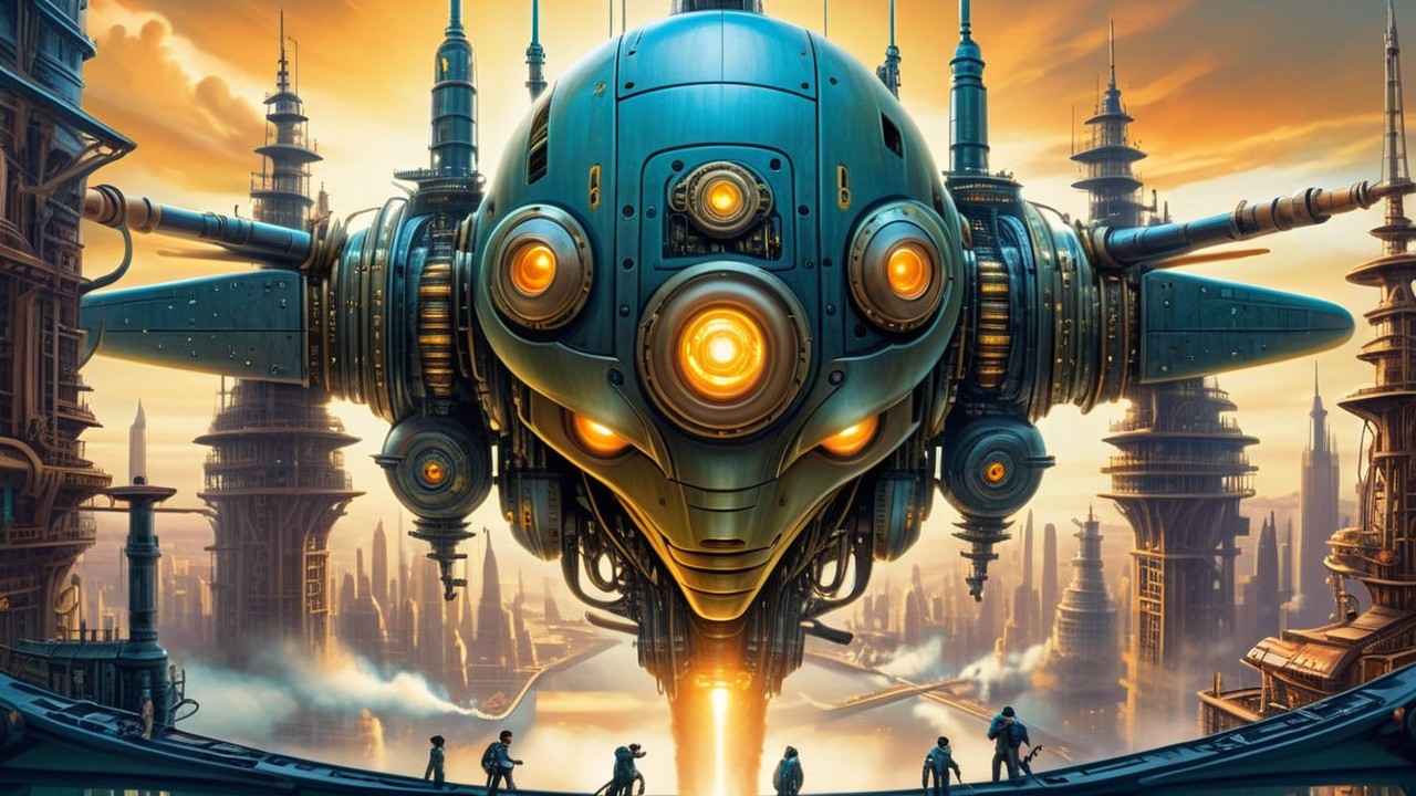 Futuristic cityscape with mechanical face and spires
