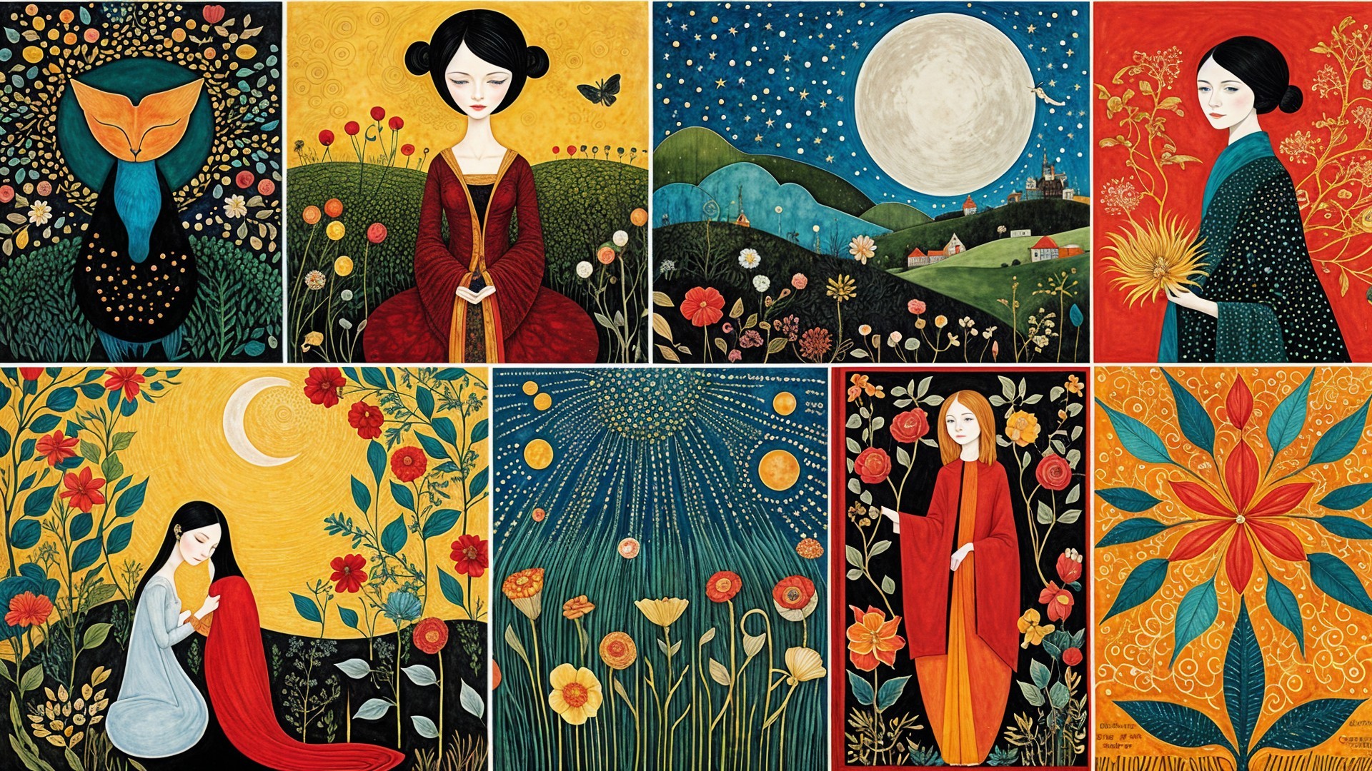 Colorful Collage of Women in Floral and Celestial Scenes