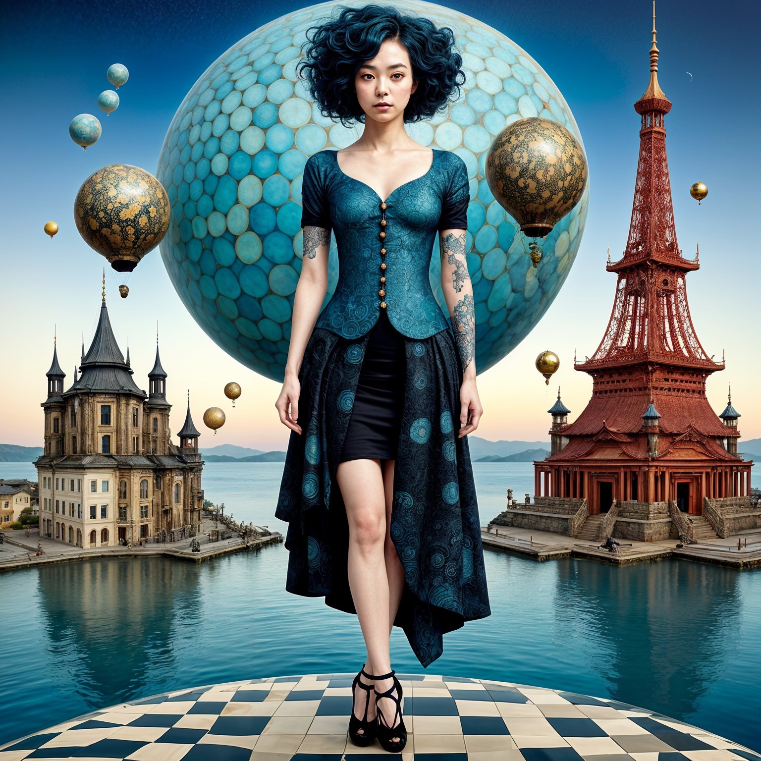 Woman in Blue and Black Dress Amid Surreal Landscape
