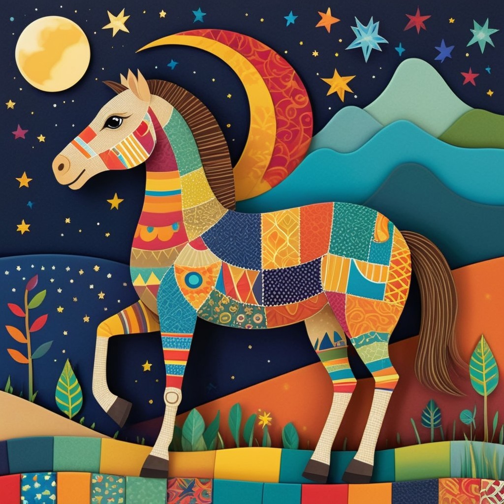 Vibrant Patchwork Horse Against Starry Night Sky