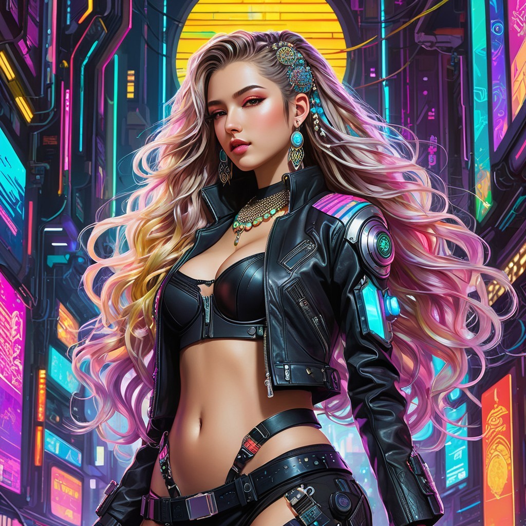 Stylish Woman in Neon-Lit Urban Alley Scene