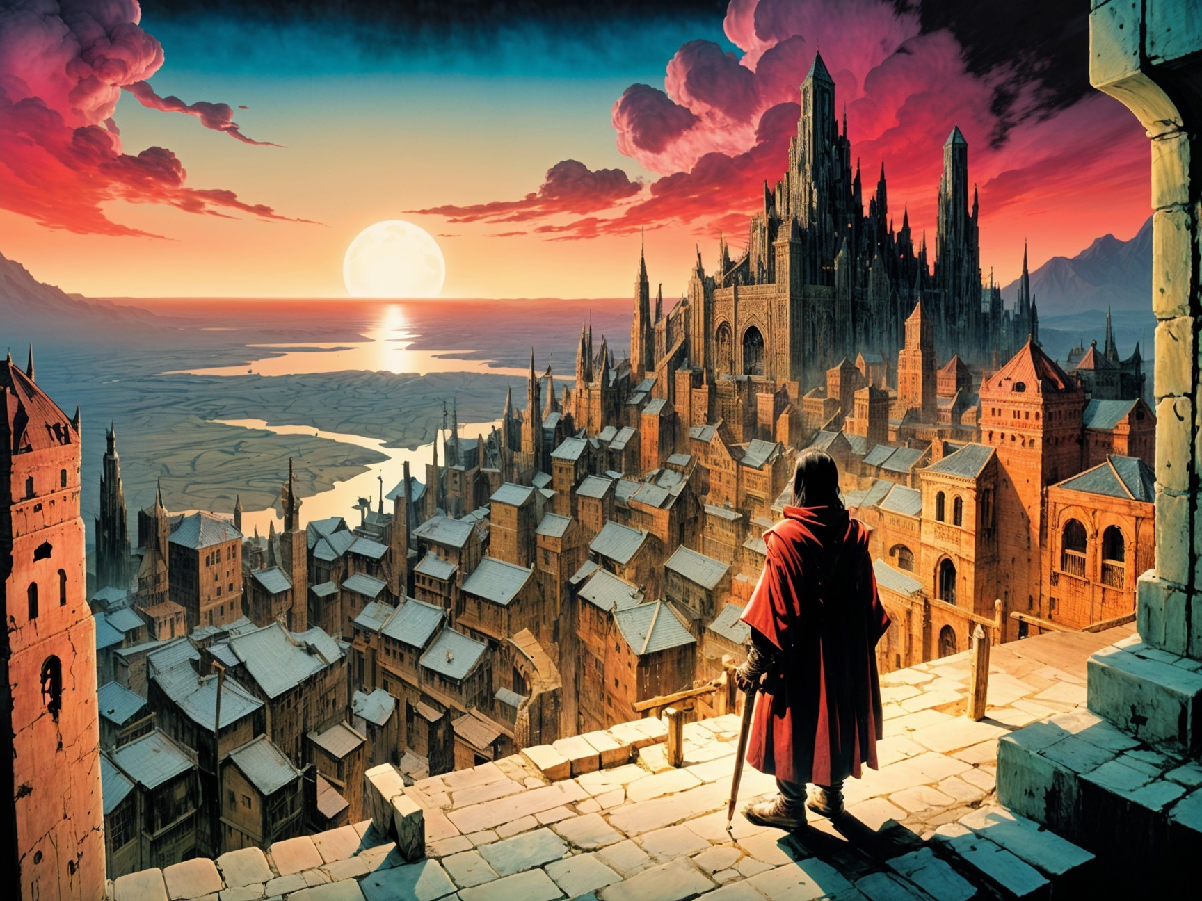 Figure in red cloak overlooking medieval city at sunset