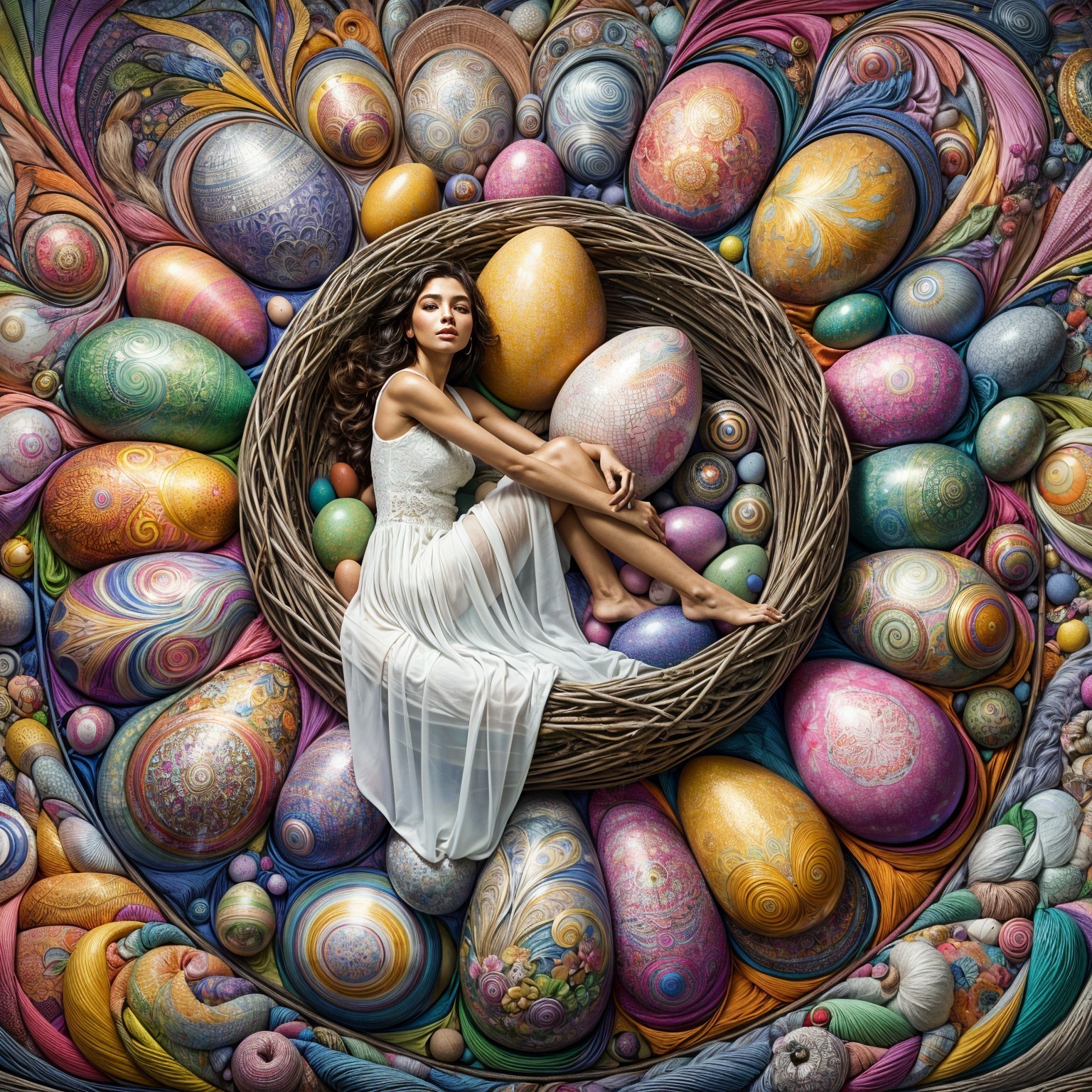 Whimsical Scene of a Woman in a Nest with Colorful Eggs