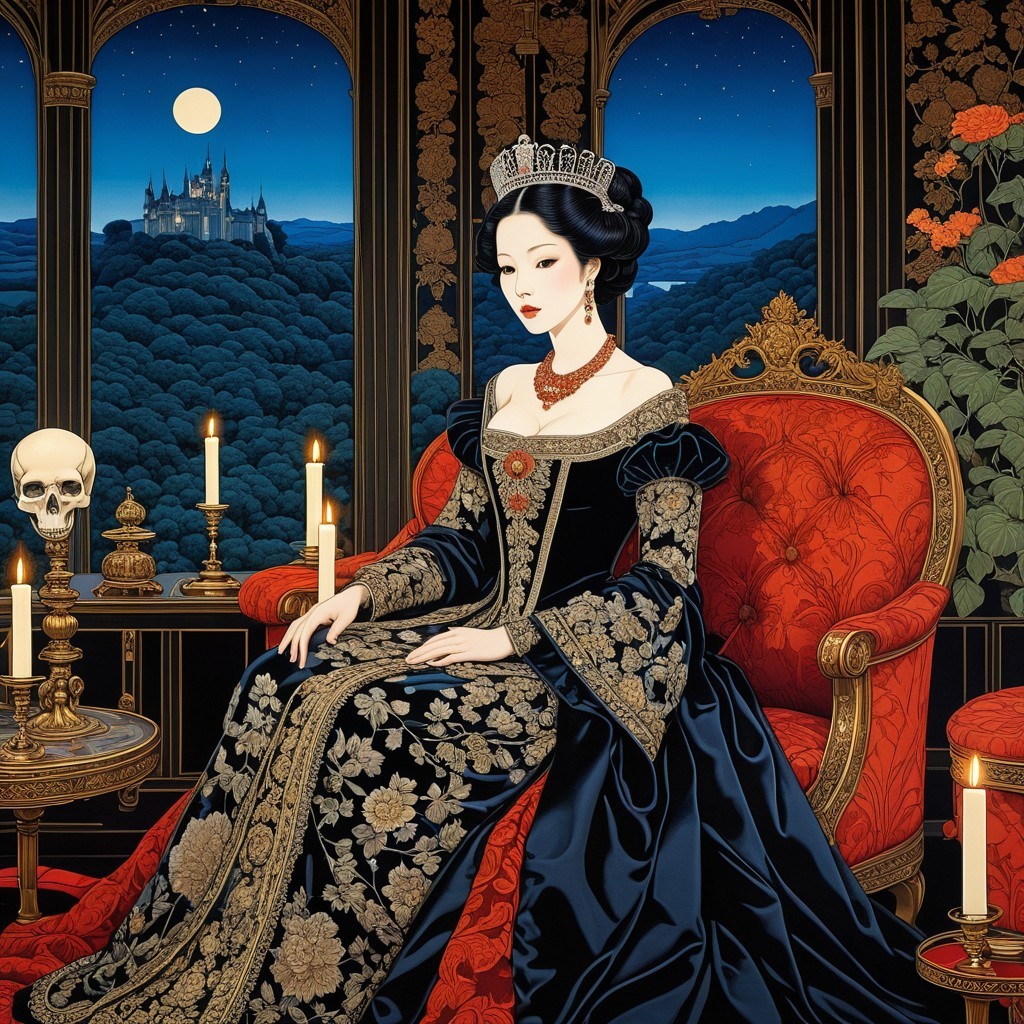 Regal Woman in Black Gown on Lavish Chair