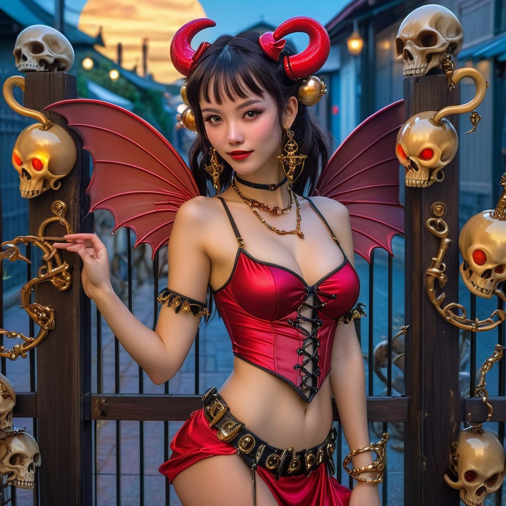 Fantasy Figure in Red Outfit with Horns and Wings
