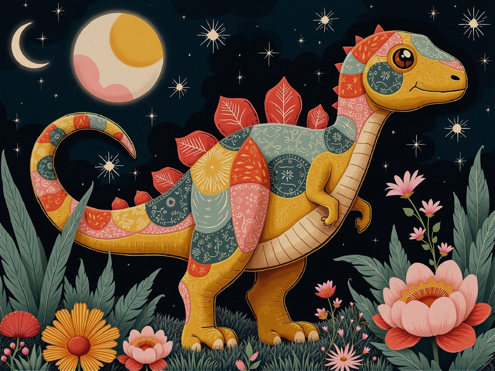 Whimsical Dinosaur Surrounded by Vibrant Flowers