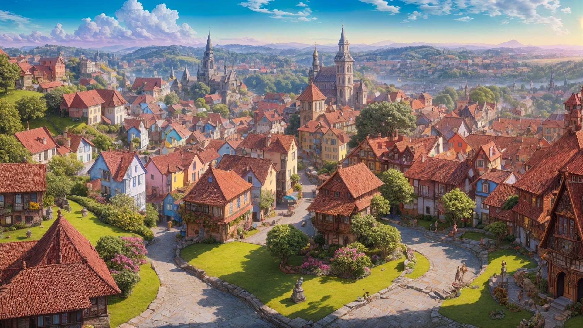 Picturesque Medieval Village with Vibrant Houses and Gardens