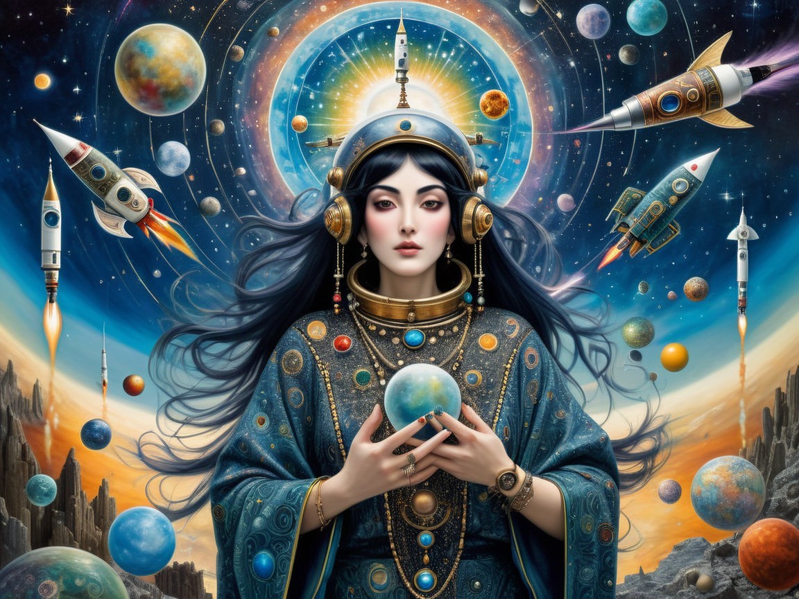 Celestial Woman in Blue Robe with Glowing Orb