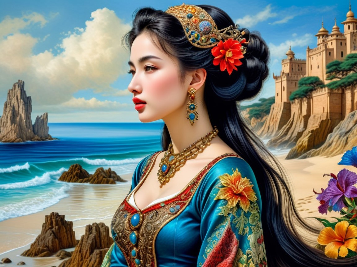 Regal Woman in Vibrant Gown at Coastal Landscape